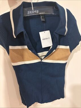 Forever 21 Navy Polo Top with Tan & White Stripe Accents